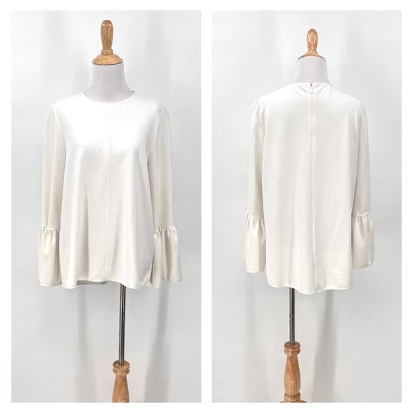 TIBI Ruffle Bell Sleeve Top Womens 4 Off White Chalky Drape Crew Neck Blouse - Picture 1 of 14